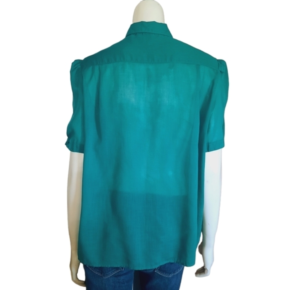 VINTAGE 80s Top Size Medium Semi Sheer Cotton Kelly Green Short Poof Sleeves - Picture 8 of 11
